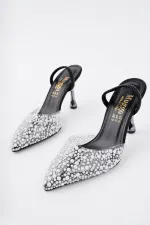 Muggo MARGARET Rhinestone Embellished Pointed Toe Open Back Elastic Women's Classic High Heel Shoes