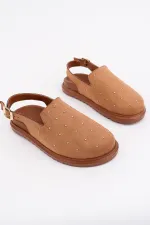 Muggo LİLOW Süet Deri Gold Zımbalı Ayarlanabilir Tokalı Günlük Rahat Önü Kapalı Kadın Sandalet