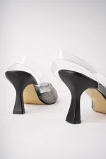 Muggo JULİET Garantili Kadın Sivri Burun Parlak Taşlı Arkası Açık Şeffaf Bantlı Topuklu Ayakkabı