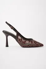 Muggo ARIS Lace Detail Pointed Toe Open Back Thin Heel Women's Dress Shoes
