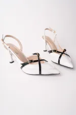 Muggo ICONS Pointed Toe Open Back Belt Detail Two Strap Women's High Heel Shoes