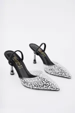 Muggo MARGARET Rhinestone Embellished Pointed Toe Open Back Elastic Women's Classic High Heel Shoes