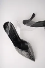 Muggo JULİET Garantili Kadın Sivri Burun Parlak Taşlı Arkası Açık Şeffaf Bantlı Topuklu Ayakkabı