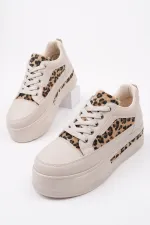 Muggo ZARİNA Kadın Kalın Taban Leopar Desenli Bağcıklı Günlük Sneaker Spor Ayakkabı