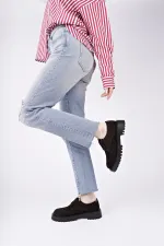 Muggo AMOUR  Bağcıklı Hakiki Deri Kalın Taban Günlük Casual Makosen Kadın Loafer Ayakkabı