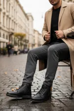 Bottes d'hiver pour hommes Muggo TITAN en cuir véritable doublées de fourrure, fermeture éclair et lacets