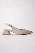 Chaussures à talons bas pour femmes Muggo CHANCE, bout pointu doré et talon ouvert à l'arrière, avec détail sur les orteils