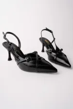 Muggo ICONS Pointed Toe Open Back Belt Detail Two Strap Women's High Heel Shoes