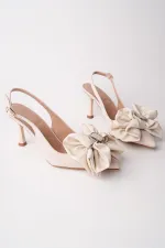 Muggo SISSY Satin Bow Buckle Pointed Toe Open Back Women's High Heels