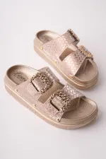 Muggo GLITZA Shiny Textured Double Buckle Casual Women's Slippers Muggo GLITZA Shiny Textured Double Buckle Casual Women's Slippers