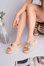 Muggo ESTİVA Ayarlanabilir Çift Tokalı Zımbalı Günlük Kadın Terlik