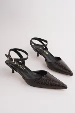 Muggo KICK Women's Crocodile Pattern Pointed Toe Thin Heel Ankle Strap Shoes