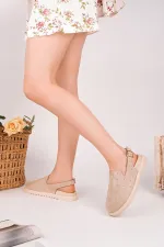 Muggo LİLOW Süet Deri Gold Zımbalı Ayarlanabilir Tokalı Günlük Rahat Önü Kapalı Kadın Sandalet