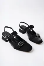 Muggo GİGİ Arkası Açık Küt Burun Çift Kemerli Kadın Günlük Klasik Kısa Topuklu Ayakkabı