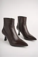 Muggo NATALİE Garantili Hakiki Deri Sivri Burun Fermuarlı İnce Topuklu Kadın Bot