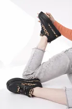 Muggo ZARİNA Kadın Kalın Taban Leopar Desenli Bağcıklı Günlük Sneaker Spor Ayakkabı