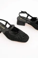 Muggo MESH Kadın Örgü ve File Detaylı Bantlı Arkası Açık Kısa Topuklu Ayakkabı