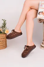 Muggo SHAMMY Suede Leather Perforated Lace-up Casual Closed Toe Women's Slippers Muggo SHAMMY Suede Leather Perforated Lace-up Casual Closed Toe Women's Slippers