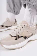 Muggo MELODY Kadın Kalın Taban Günlük Leopar Desenli Bağcıklı Sneaker Spor Ayakkabı