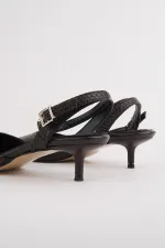 Muggo KICK Women's Crocodile Pattern Pointed Toe Thin Heel Ankle Strap Shoes