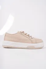 Muggo CARİNA Kalın Taban Keten Kumaş Bağcıklı Kadın Günlük Sneaker Spor Ayakkabı