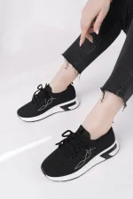 Muggo MARTHA Kadın Kalın Taban Günlük Triko Taşlı Bağcıklı Sneaker Spor Ayakkabı