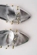 Muggo HELENA Women's Studded Pointed Toe Metal Detailed Stiletto Heeled Slippers