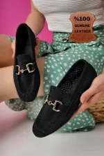 Muggo PHUKET Guaranteed Metal Buckle Laser-Cut Breathable Leather Women's Loafer Casual Shoes Muggo PHUKET Guaranteed Metal Buckle Laser-Cut Breathable Leather Women's Loafer Casual Shoes