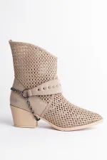 Muggo BURNİNG Garantili Kadın Lazer Kesim Zincir Detaylı Delikli Kovboy Yazlık Topuklu Festival Bot