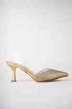 Muggo JULİET Garantili Kadın Sivri Burun Parlak Taşlı Arkası Açık Şeffaf Bantlı Topuklu Ayakkabı