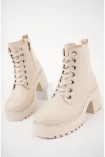 Muggo GRAZi Garantili Kalın Taban Platform Topuklu Fermuarlı Bağcıklı Kadın Bot