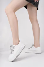 Muggo CARİNA Kalın Taban Keten Kumaş Bağcıklı Kadın Günlük Sneaker Spor Ayakkabı