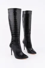 Muggo ZEST Crocodile Pattern Pointed Toe Zip-Up Thin Heel Women's Boots