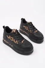 Muggo ZARİNA Kadın Kalın Taban Leopar Desenli Bağcıklı Günlük Sneaker Spor Ayakkabı