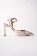Muggo CLUJ Pearl Embellished Pointed Toe Ankle Strap Women's Dress High Heels