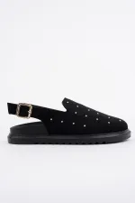 Muggo LİLOW Süet Deri Gold Zımbalı Ayarlanabilir Tokalı Günlük Rahat Önü Kapalı Kadın Sandalet