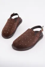 Muggo LİLOW Süet Deri Gold Zımbalı Ayarlanabilir Tokalı Günlük Rahat Önü Kapalı Kadın Sandalet