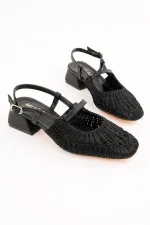 Muggo MESH Kadın Örgü ve File Detaylı Bantlı Arkası Açık Kısa Topuklu Ayakkabı