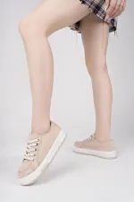 Muggo CARİNA Kalın Taban Keten Kumaş Bağcıklı Kadın Günlük Sneaker Spor Ayakkabı