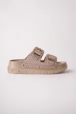 Muggo GLITZA Shiny Textured Double Buckle Casual Women's Slippers Muggo GLITZA Shiny Textured Double Buckle Casual Women's Slippers