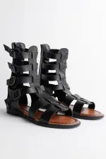 Muggo GLADYATÖR Garantili Rahat Kalıp Arkadan Fermuarlı Kemer Detaylı Kadın Sandalet