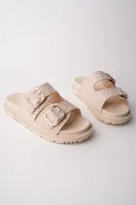 Muggo ESTİVA Ayarlanabilir Çift Tokalı Zımbalı Günlük Kadın Terlik