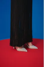 Muggo MARGARET Rhinestone Embellished Pointed Toe Open Back Elastic Women's Classic High Heel Shoes