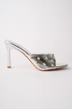 Muggo HELENA Women's Studded Pointed Toe Metal Detailed Stiletto Heeled Slippers