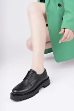 Muggo AMOUR  Bağcıklı Hakiki Deri Kalın Taban Günlük Casual Makosen Kadın Loafer Ayakkabı