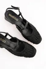 Muggo MESH Kadın Örgü ve File Detaylı Bantlı Arkası Açık Kısa Topuklu Ayakkabı