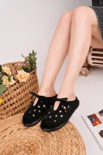Muggo SHAMMY Suede Leather Perforated Lace-up Casual Closed Toe Women's Slippers Muggo SHAMMY Suede Leather Perforated Lace-up Casual Closed Toe Women's Slippers