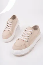 Muggo CARİNA Kalın Taban Keten Kumaş Bağcıklı Kadın Günlük Sneaker Spor Ayakkabı