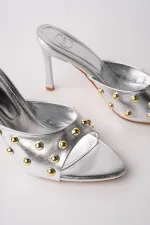 Muggo HELENA Women's Studded Pointed Toe Metal Detailed Stiletto Heeled Slippers