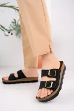 Muggo Lena Kadın Garantili Günlük Ortopedik Çift Bantlı Tokalı Kaymaz Taban Rahat Terlik